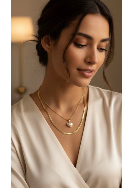 Ikili Kolye Set Beyaz Sedefli Kalp Ezme Zincir Gold Renkli modelleri