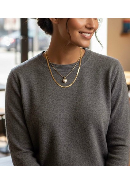 Ikili Kolye Set Beyaz Sedefli Kalp Ezme Zincir Gold Renkli fırsatları