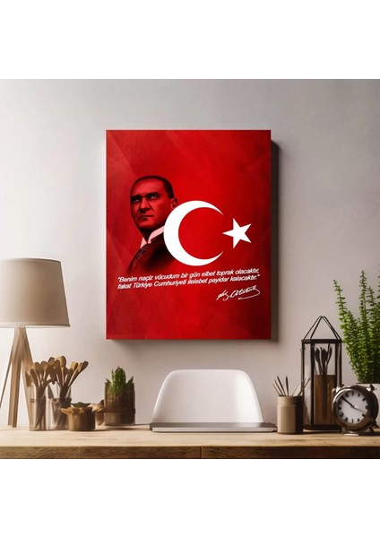 Kırmızı Bayraklı ve Naciz Vücudum Yazılı Atatürk Kanvas Tablo