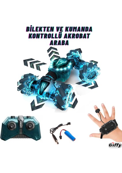 Oyuncak 2.4 Ghz Uzaktan ve Bilek Kumandalı Şarjlı LED Işıklı Full Fonksiyon Akrobat Drift Aracı
