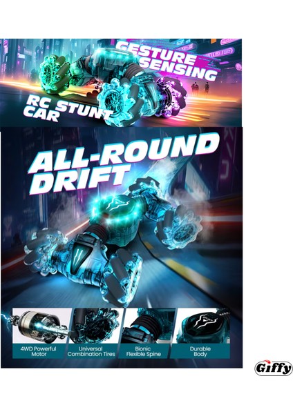 Oyuncak 2.4 Ghz Uzaktan ve Bilek Kumandalı Şarjlı LED Işıklı Full Fonksiyon Akrobat Drift Aracı indirimleri
