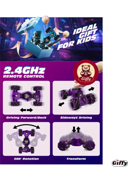 Oyuncak 2.4 Ghz Uzaktan ve Bilek Kumandalı Şarjlı LED Işıklı Full Fonksiyon Akrobat Drift Aracı