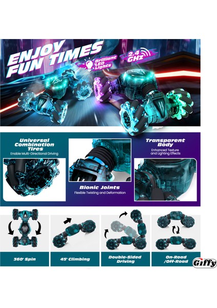 Oyuncak 2.4 Ghz Uzaktan ve Bilek Kumandalı Şarjlı LED Işıklı Full Fonksiyon Akrobat Drift Aracı