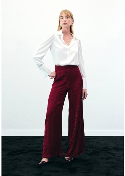 Yüksek Bel Desenli Pantolon - Bordo