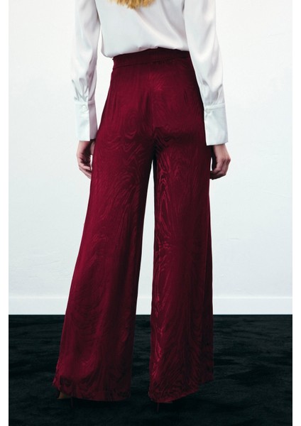 Yüksek Bel Desenli Pantolon - Bordo