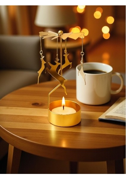 Altın Renk Dönme Efektli Geyik Figürlü Mumluk – Isıyla Dönen Dekoratif Tealight Mumluk