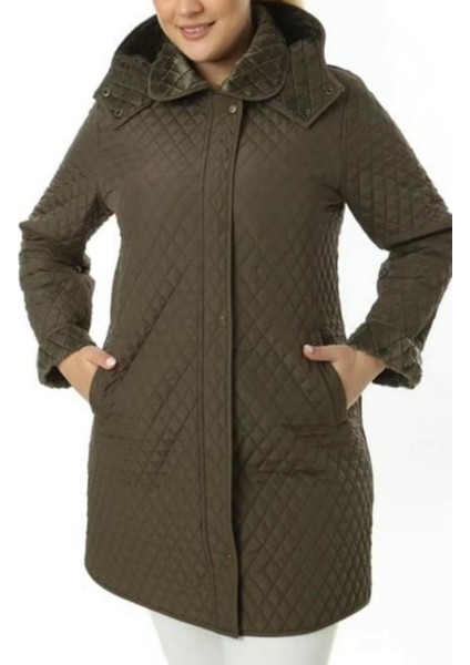 Kadın Büyük Beden Içi Polar Cepli Çıkarılabilir Kapüşonlu Kapitone Kaban Mont (Dar Kalıptır)