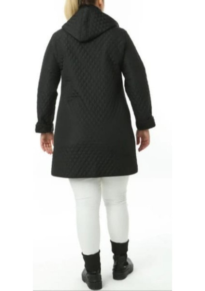 Kadın Büyük Beden Içi Polar Cepli Çıkarılabilir Kapüşonlu Kapitone Kaban Mont (Dar Kalıptır)