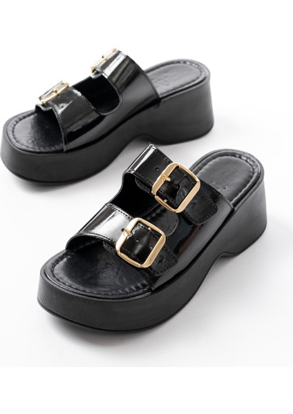 Siyah Rugan Günlük Tokalı Dolgu Topuk Kadın Terlik modelleri