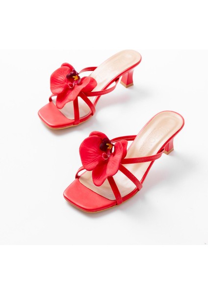 Kırmızı Orkide Detaylı Ince Topuklu Kadın Terlik modelleri