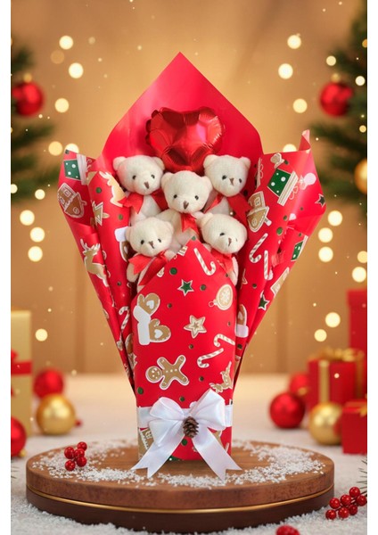 Premium Özel Yeniyıl - Yılbaşı Konsepti Romantik Kırmızı - Beyaz Peluş Ayıcık Buketi-Sevdiklerinize Özel...