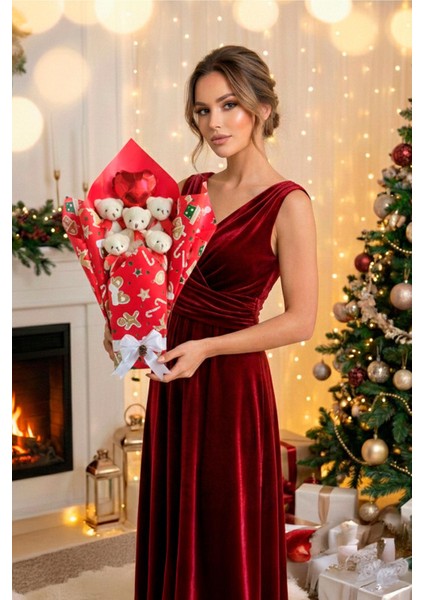 Premium Özel Yeniyıl - Yılbaşı Konsepti Romantik Kırmızı - Beyaz Peluş Ayıcık Buketi-Sevdiklerinize Özel... fiyatları