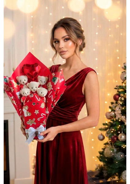 Premium Özel Yeniyıl - Yılbaşı Konsepti Romantik Kırmızı - Beyaz Peluş Ayıcık Buketi-Sevdiklerinize Özel... modelleri