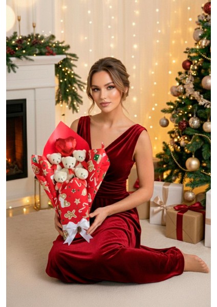 Premium Özel Yeniyıl - Yılbaşı Konsepti Romantik Kırmızı - Beyaz Peluş Ayıcık Buketi-Sevdiklerinize Özel... fırsatları