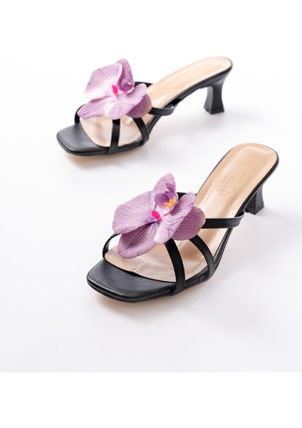 Siyah Mor Orkide Detaylı Ince Topuklu Kadın Terlik modelleri