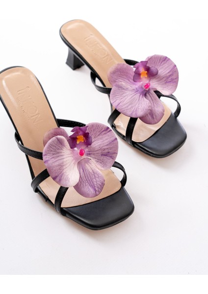 Siyah Mor Orkide Detaylı Ince Topuklu Kadın Terlik fırsatları