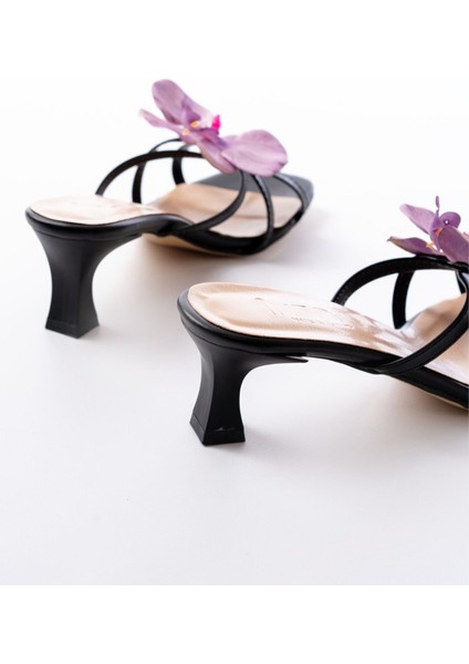 Siyah Mor Orkide Detaylı Ince Topuklu Kadın Terlik indirimleri