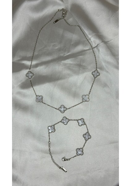 Kolye ve Bileklik Yonca Gümüş Renkli Beyaz Sedefli Set fiyatları