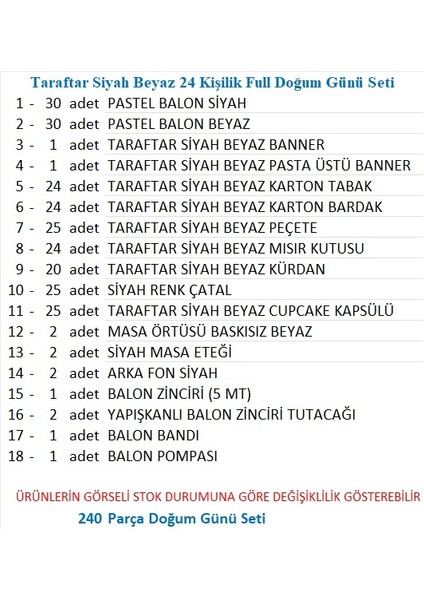Taraftar Siyah Beyaz 24 Kişilik Full Doğum Günü Seti fiyatları