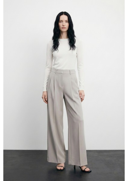 Kadın Yüksek Bel Ayarlanabilir Palazzo Kumaş Pantolon Kahverengi