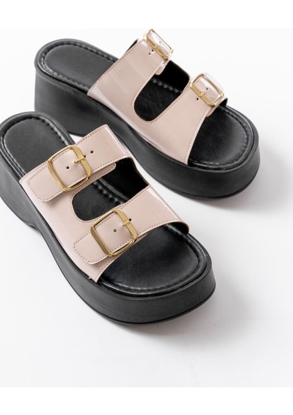 Bej Rugan Tokalı Dolgu Topuk Kadın Terlik modelleri