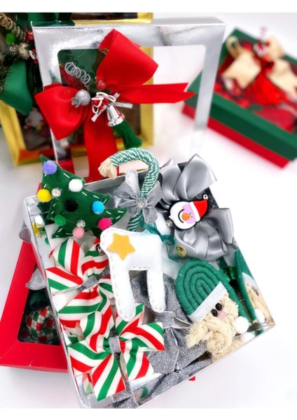 8 Parça Taşlı Yılbaşı Tokası Hediye Seti, Çam Ağacı, Noel Baba, Fiyonk