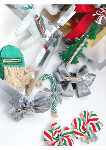 8 Parça Taşlı Yılbaşı Tokası Hediye Seti, Çam Ağacı, Noel Baba, Fiyonk