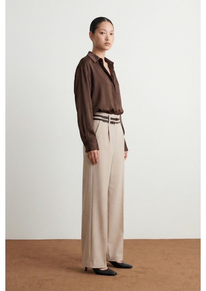 Kadın Çift Kemerli Yüksek Bel Pantolon