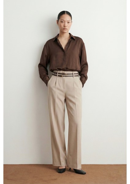 Kadın Çift Kemerli Yüksek Bel Pantolon fiyatları