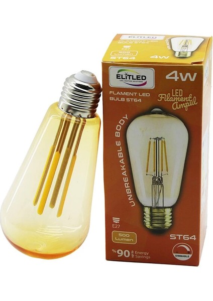 Elitled St-64 4W - E27 Gold Color Flament LED Rustik Ampul 500LUMEN Kırılmaz Gövde (5148)
