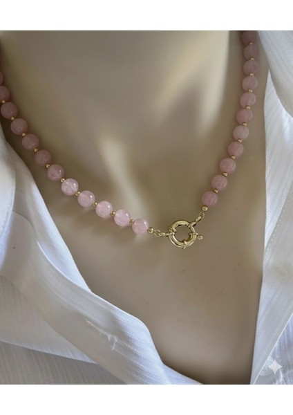 Pembe Kuvars 6 mm Kolye Altın Kaplama Gemici Kilit