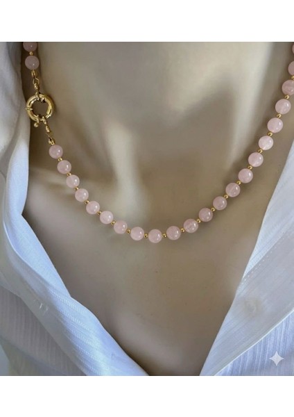 Pembe Kuvars 6 mm Kolye Altın Kaplama Gemici Kilit modelleri