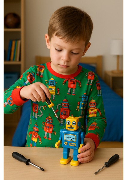 Erkek Çocuk Likralı Penye Kaliteli Robot Baskılı Pijama Takımı