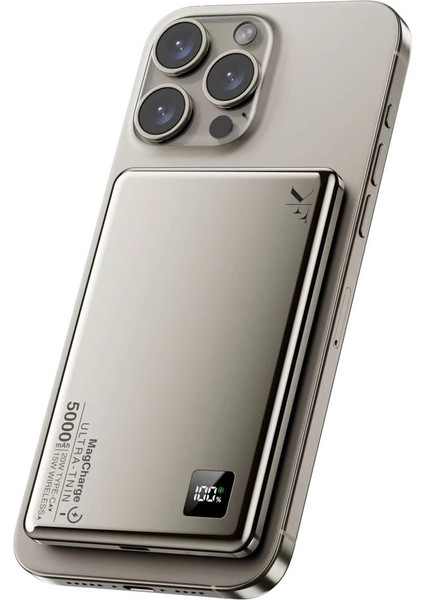 PW555 5.000 Mah Dijital Göstergeli 18W Type-C ve 15W Kablosuz Şarj Pd Hızlı Şarj Magsafe Powerbank - Titanyum