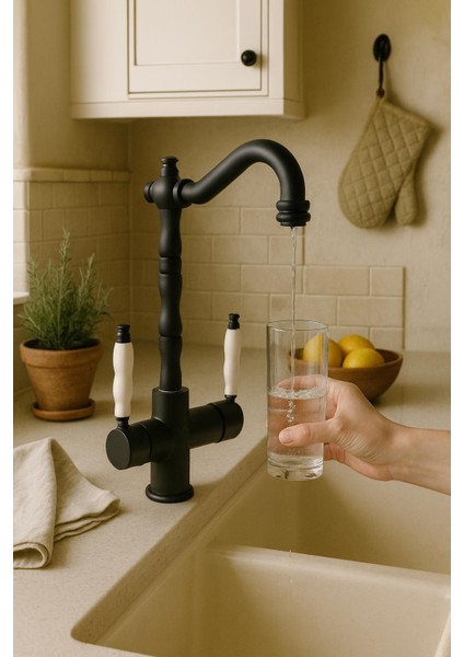 Rustik Siyah Arıtmalı 3 Yollu Mutfak Evye Bataryası Prinçlüks Musluk Garantili Porselen Kol Armatür