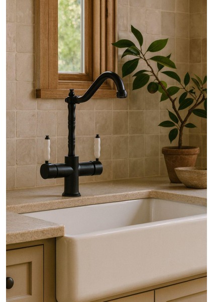 Rustik Siyah Arıtmalı 3 Yollu Mutfak Evye Bataryası Prinçlüks Musluk Garantili Porselen Kol Armatür fiyatları