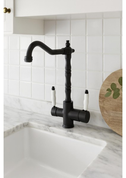 Rustik Siyah Arıtmalı 3 Yollu Mutfak Evye Bataryası Prinçlüks Musluk Garantili Porselen Kol Armatür fırsatları