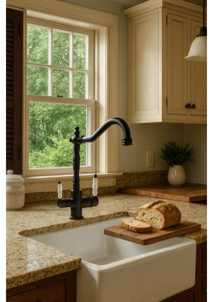 Rustik Siyah Arıtmalı 3 Yollu Mutfak Evye Bataryası Prinçlüks Musluk Garantili Porselen Kol Armatür indirimleri