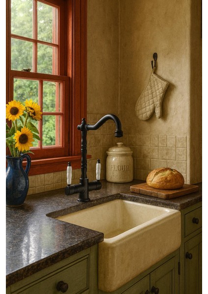 Rustik Siyah Arıtmalı 3 Yollu Mutfak Evye Bataryası Prinçlüks Musluk Garantili Porselen Kol Armatür