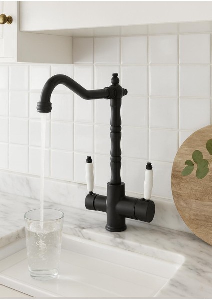 Rustik Siyah Arıtmalı 3 Yollu Mutfak Evye Bataryası Prinçlüks Musluk Garantili Porselen Kol Armatür