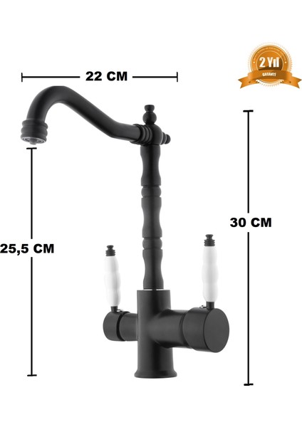 Rustik Siyah Arıtmalı 3 Yollu Mutfak Evye Bataryası Prinçlüks Musluk Garantili Porselen Kol Armatür
