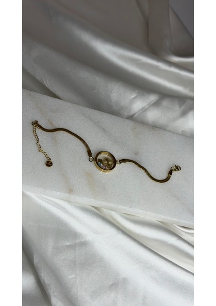 Cam Charmlı Yonca Gold Bileklik