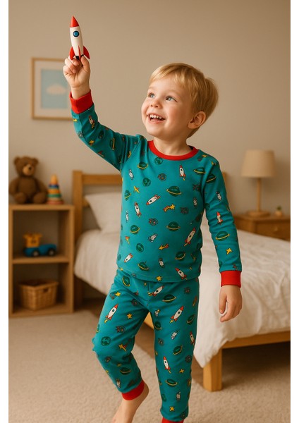Erkek Çocuk Likralı Penye Kaliteli Uzay Baskılı Pijama Takımı
