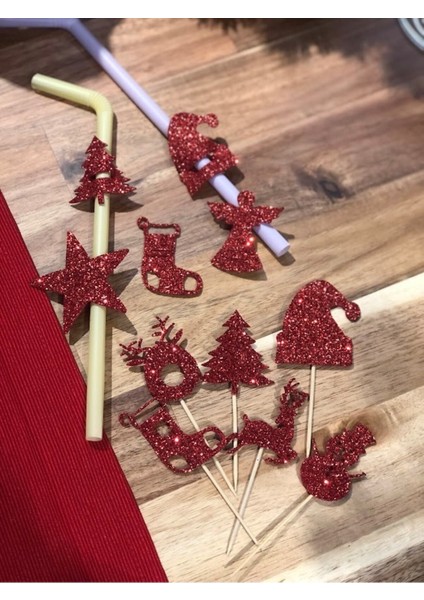 Yılbaşı Temalı Renkli Desenli Kürdan ve Pipet Süsleri, 20 Adet Set