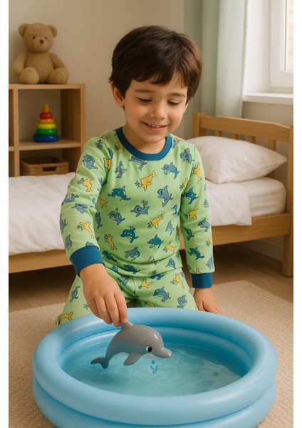 Çocuk Likralı Penye Kaliteli Yunus Baskılı Pijama Takımı