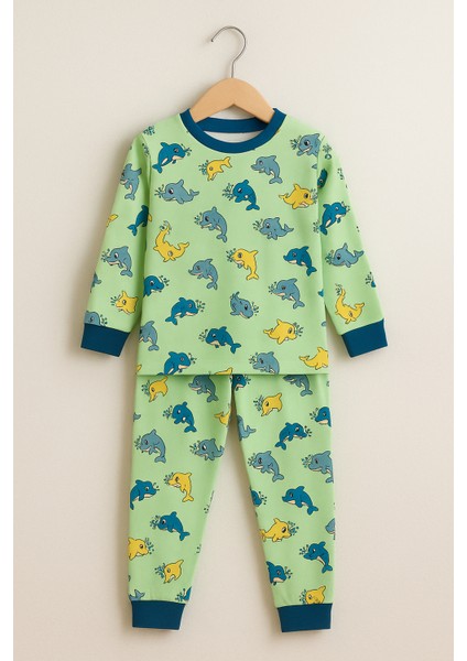 Çocuk Likralı Penye Kaliteli Yunus Baskılı Pijama Takımı modelleri