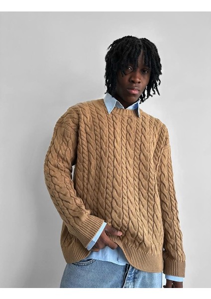 Erkek Saç Örgü Bisiklet Yaka Kalın Triko Oversize Kazak