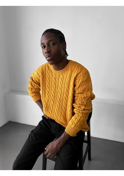 Erkek Saç Örgü Bisiklet Yaka Kalın Triko Oversize Kazak