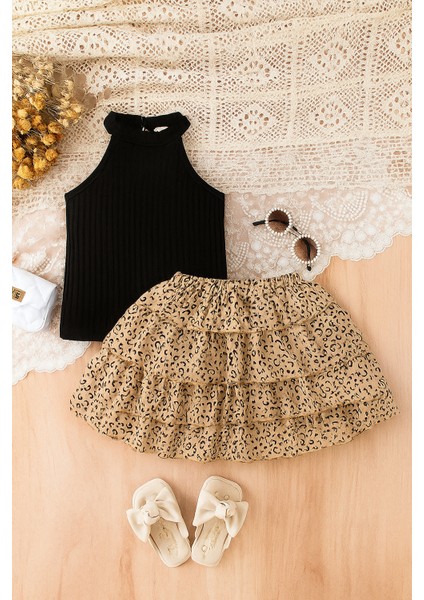 Kız Çocuk Leopar Desenli Kat Kat Etekli Abiye Elbise