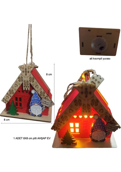 8x8 cm Ahşap Işıklı Noel Kulübesi Yılbaşı Süsü, Çok Renkli, 1 Adet